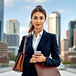 A confident and stylish young businesswoman standing in a modern cityscape, wearing a tailored navy blue suit with a crisp white blouse