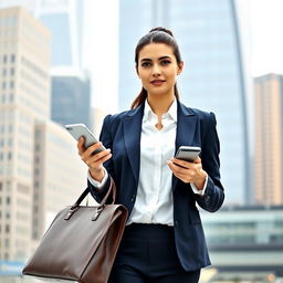 A confident and stylish young businesswoman standing in a modern cityscape, wearing a tailored navy blue suit with a crisp white blouse