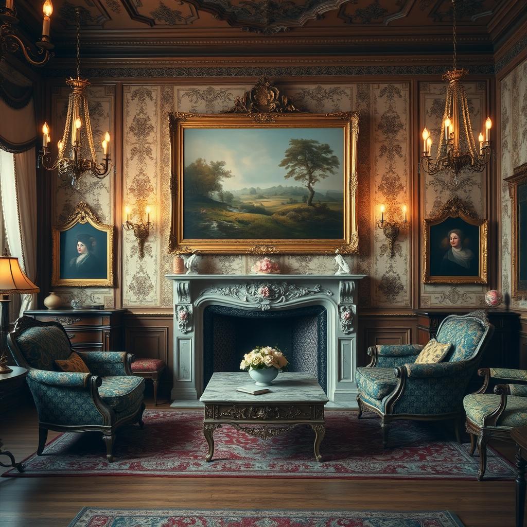 a cozy 19th-century living room with vintage furniture, decorated with a classic painting on the wall