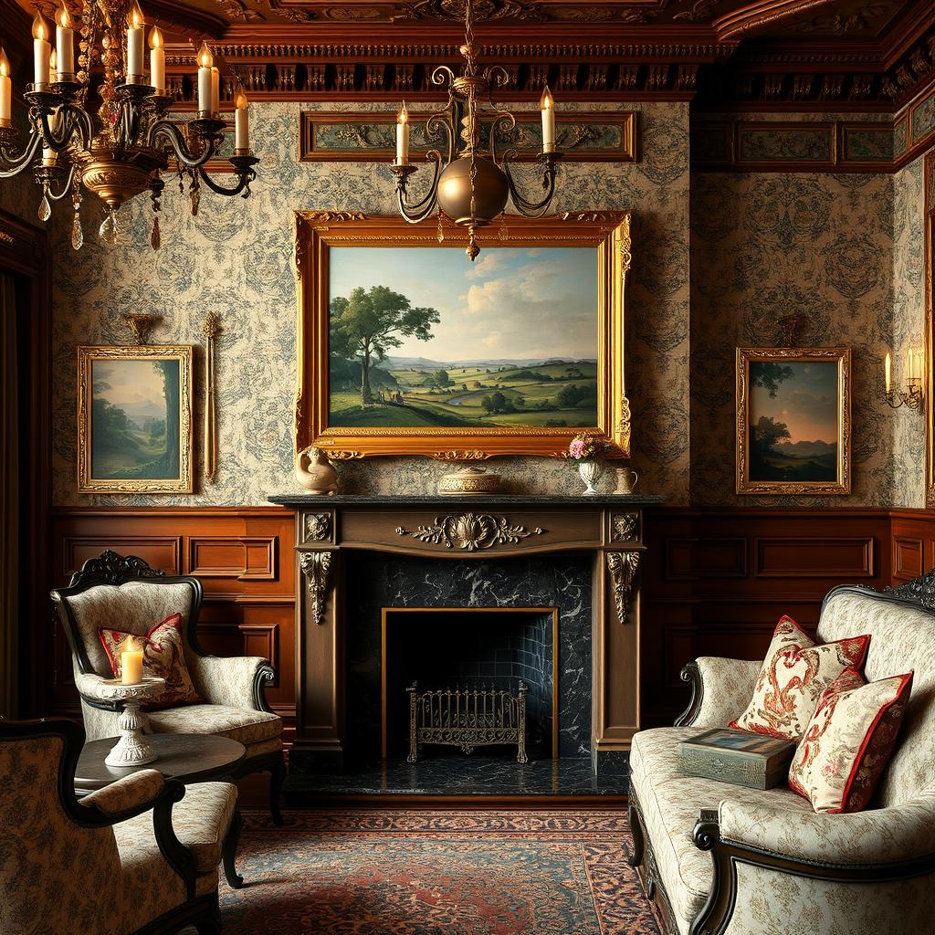 a cozy 19th-century living room with vintage furniture, decorated with a classic painting on the wall