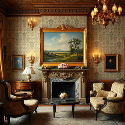 a cozy 19th-century living room with vintage furniture, decorated with a classic painting on the wall