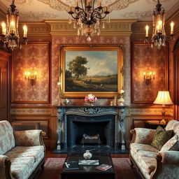 a cozy 19th-century living room with vintage furniture, decorated with a classic painting on the wall