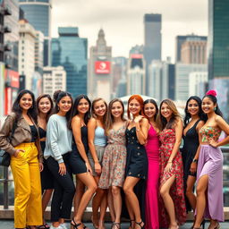 A diverse group of ten stylish young women posing together with vibrant personalities captured in an Instagram-friendly shot