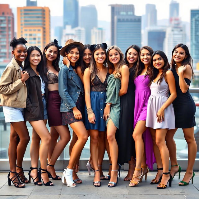 A diverse group of ten stylish young women posing together with vibrant personalities captured in an Instagram-friendly shot