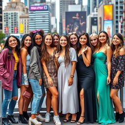 A diverse group of ten stylish young women posing together with vibrant personalities captured in an Instagram-friendly shot