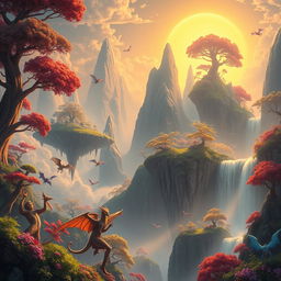 immersive fantasy landscape with towering, luminescent trees, mystical floating islands, and a radiant, golden sunrise illuminating a mythical realm