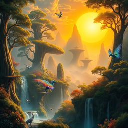 immersive fantasy landscape with towering, luminescent trees, mystical floating islands, and a radiant, golden sunrise illuminating a mythical realm