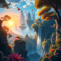 immersive fantasy landscape with towering, luminescent trees, mystical floating islands, and a radiant, golden sunrise illuminating a mythical realm