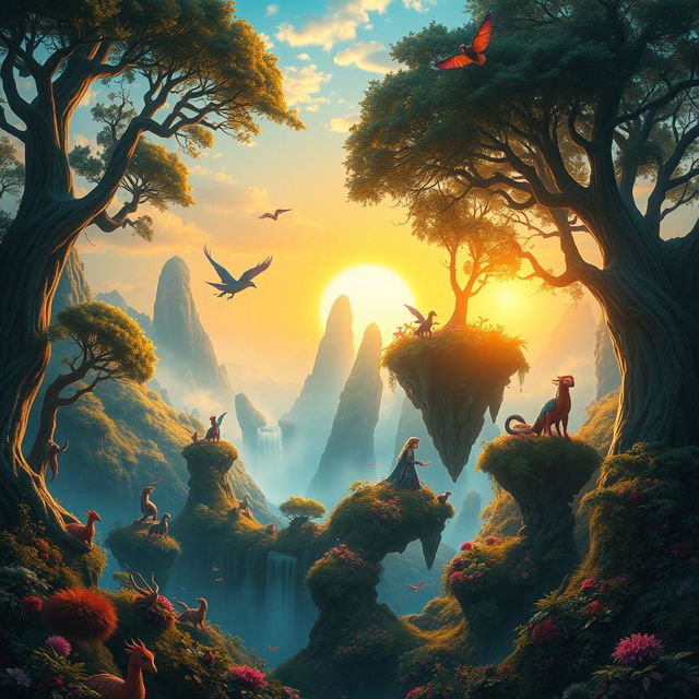 immersive fantasy landscape with towering, luminescent trees, mystical floating islands, and a radiant, golden sunrise illuminating a mythical realm