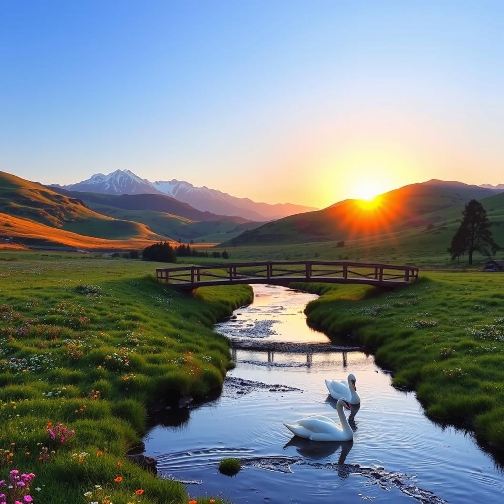 A serene landscape with rolling hills, lush green meadows dotted with colorful wildflowers, and a clear blue sky