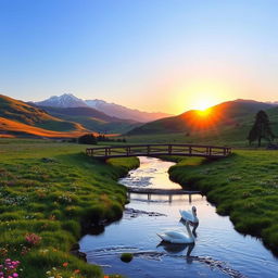 A serene landscape with rolling hills, lush green meadows dotted with colorful wildflowers, and a clear blue sky