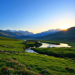 A serene landscape with rolling hills, lush green meadows dotted with colorful wildflowers, and a clear blue sky