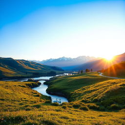 A serene landscape with rolling hills, lush green meadows dotted with colorful wildflowers, and a clear blue sky