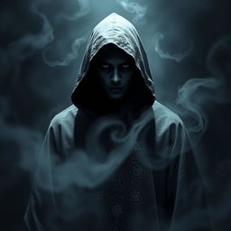 A mysterious and imposing hooded acolyte standing amid swirling shadows, exuding an aura of dark and ominous energy