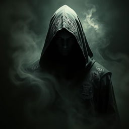 A mysterious and imposing hooded acolyte standing amid swirling shadows, exuding an aura of dark and ominous energy