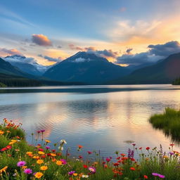 A serene landscape showcasing a tranquil lake surrounded by lush greenery and vibrant wildflowers