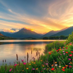 A serene landscape showcasing a tranquil lake surrounded by lush greenery and vibrant wildflowers