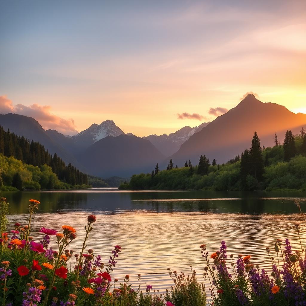 A serene landscape showcasing a tranquil lake surrounded by lush greenery and vibrant wildflowers