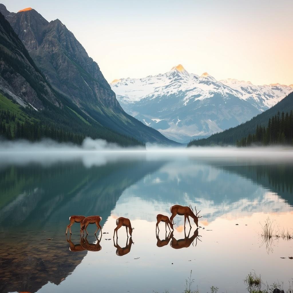 A serene mountain landscape at sunrise, with soft pastel colors reflecting in a tranquil lake