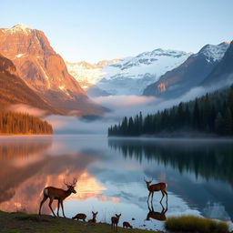 A serene mountain landscape at sunrise, with soft pastel colors reflecting in a tranquil lake