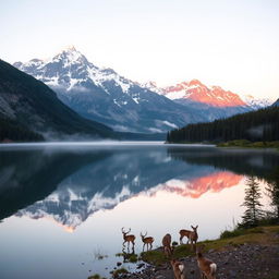 A serene mountain landscape at sunrise, with soft pastel colors reflecting in a tranquil lake