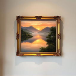 A classic painting of a serene landscape hanging on a wall, featuring a calm lake reflecting a stunning sunset, surrounded by lush green trees and distant mountains