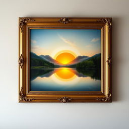 A classic painting of a serene landscape hanging on a wall, featuring a calm lake reflecting a stunning sunset, surrounded by lush green trees and distant mountains