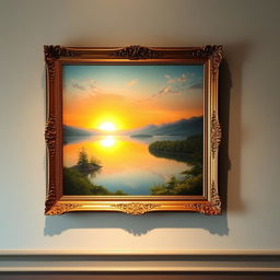 A classic painting of a serene landscape hanging on a wall, featuring a calm lake reflecting a stunning sunset, surrounded by lush green trees and distant mountains