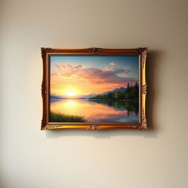 A classic painting of a serene landscape hanging on a wall, featuring a calm lake reflecting a stunning sunset, surrounded by lush green trees and distant mountains