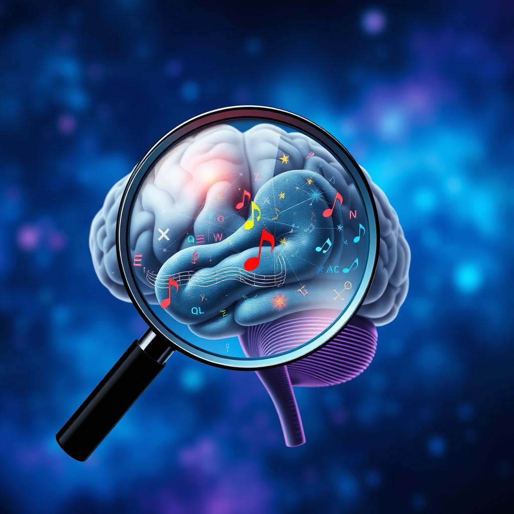 A human brain magnified by a large magnifying glass, with a variety of symbols inside the brain, floating and interconnected