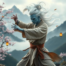 A mystical Air Genasi monk practicing martial arts in a serene mountain setting