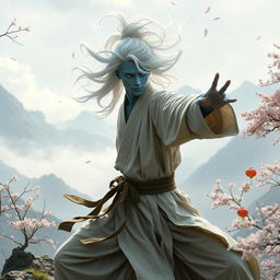 A mystical Air Genasi monk practicing martial arts in a serene mountain setting