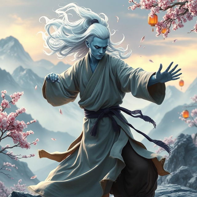 A mystical Air Genasi monk practicing martial arts in a serene mountain setting