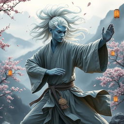 A mystical Air Genasi monk practicing martial arts in a serene mountain setting