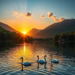 A picturesque, serene landscape that showcases a tranquil lake surrounded by lush, verdant forests during the golden hour