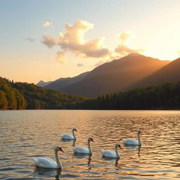 A picturesque, serene landscape that showcases a tranquil lake surrounded by lush, verdant forests during the golden hour