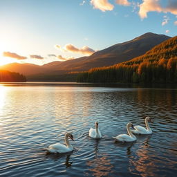 A picturesque, serene landscape that showcases a tranquil lake surrounded by lush, verdant forests during the golden hour