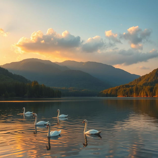 A picturesque, serene landscape that showcases a tranquil lake surrounded by lush, verdant forests during the golden hour