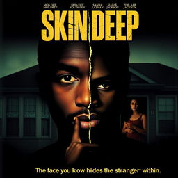 A movie poster for "Skin Deep" featuring a split image of Mos Def's face, half normal and half shadowed, symbolizing dual identity