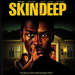 A movie poster for "Skin Deep" featuring a split image of Mos Def's face, half normal and half shadowed, symbolizing dual identity