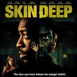 A movie poster for "Skin Deep" featuring a split image of Mos Def's face, half normal and half shadowed, symbolizing dual identity