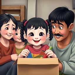 A happy family scene depicting a 3-year-old girl with a large, prominent forehead, big cheeks, separated and droopy eyes, and a cheerful expression as she opens a box of school supplies in her modest home