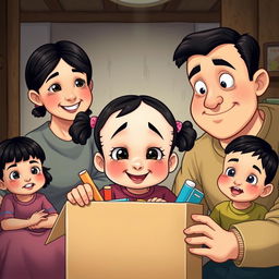 A happy family scene depicting a 3-year-old girl with a large, prominent forehead, big cheeks, separated and droopy eyes, and a cheerful expression as she opens a box of school supplies in her modest home