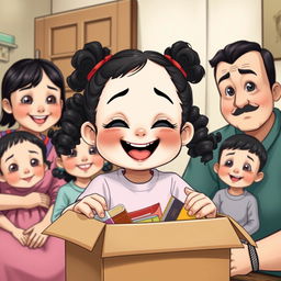 A happy family scene depicting a 3-year-old girl with a large, prominent forehead, big cheeks, separated and droopy eyes, and a cheerful expression as she opens a box of school supplies in her modest home