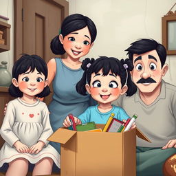 A happy family scene depicting a 3-year-old girl with a large, prominent forehead, big cheeks, separated and droopy eyes, and a cheerful expression as she opens a box of school supplies in her modest home