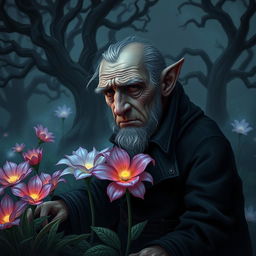 An old halfling man with a somber expression, lines of sadness etched deeply into his face