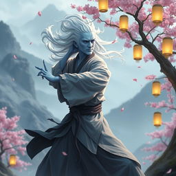 A 2D digital art depiction of a mystical Air Genasi monk practicing martial arts in a serene mountain setting