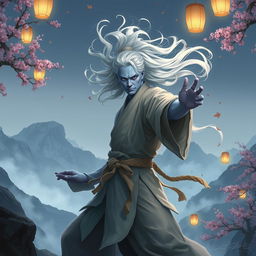 A 2D digital art depiction of a mystical Air Genasi monk practicing martial arts in a serene mountain setting