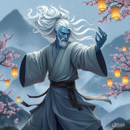 A 2D digital art depiction of a mystical Air Genasi monk practicing martial arts in a serene mountain setting