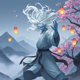 A 2D digital art depiction of a mystical Air Genasi monk practicing martial arts in a serene mountain setting